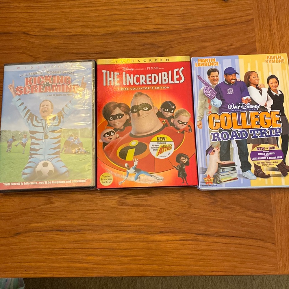 Kids DVDs - the incredibles, college road trip be kicking and screaming